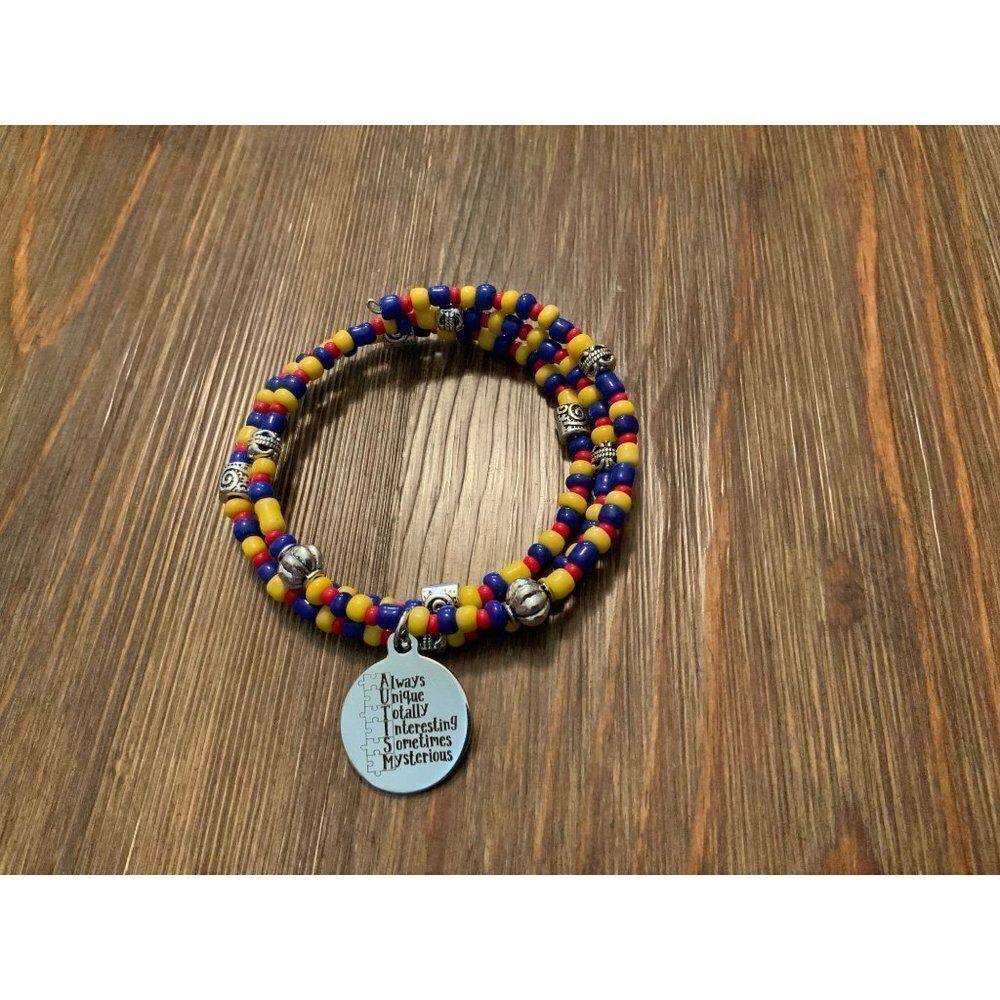 Handmade Autism awareness beaded bracelet, memory wire bracelet,‎ wrap bracelet,